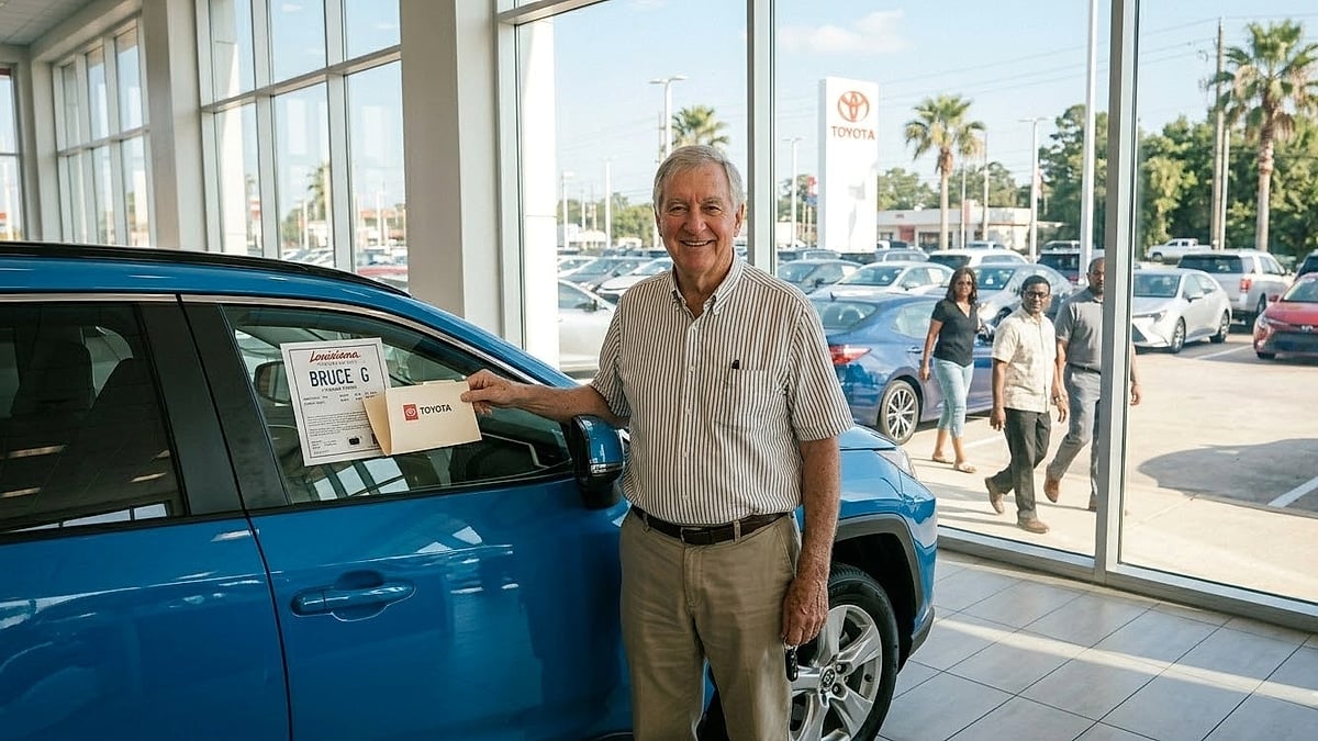 Louisiana buyer Bruce Gagneaux smiles with his new 2026 Toyota RAV4 Hybrid inside the Toyota dealer's showroom in Baton Rouge