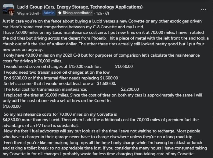 An infographic comparing the maintenance costs of a Lucid car and a C8 Corvette, highlighting significant cost differences.