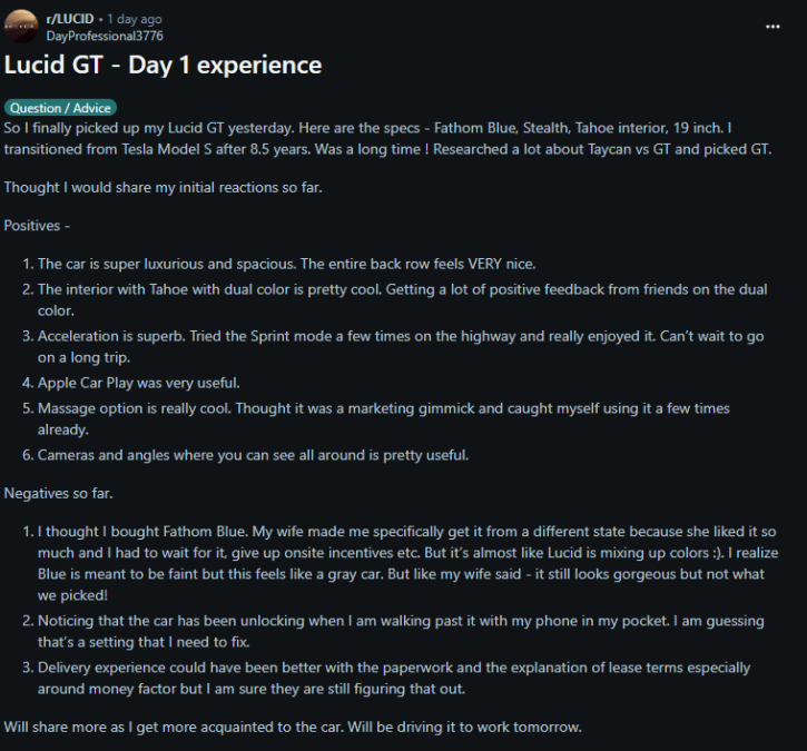 A user shares their Day 1 experience with the Lucid GT, highlighting luxurious features and some initial challenges with color and delivery.