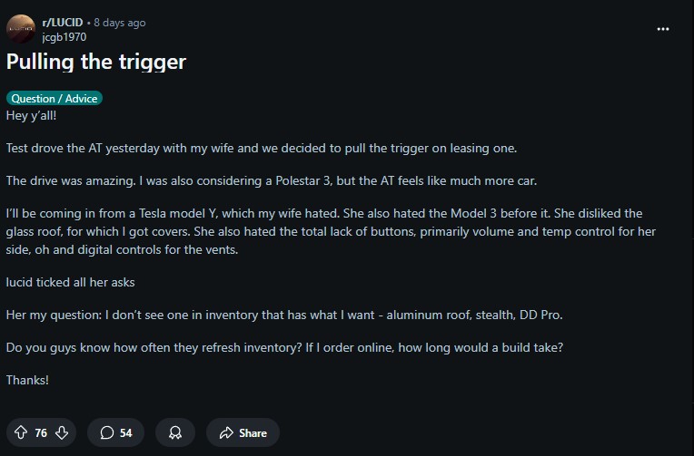 Lucid Air reddit post where a person decides to buy it.