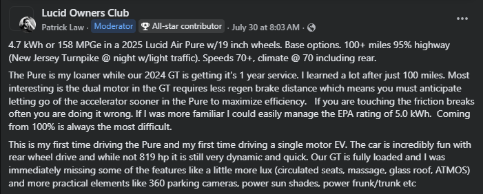A 2025 Lucid Air Pure in Silver with 19-inch wheels parked, showcasing its sleek design and modern features.