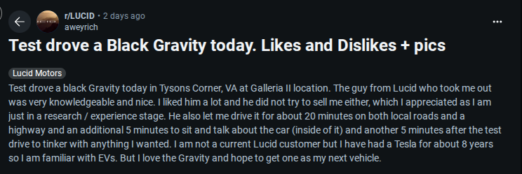 User shares experience test driving a black Lucid Gravity in Tysons Corner, VA, highlighting helpful staff and vehicle features.