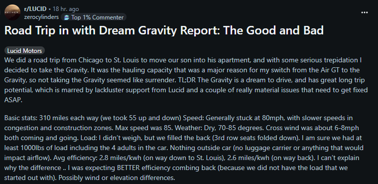 User shares a road trip report featuring the Lucid Gravity, highlighting speed, efficiency, and concerns about vehicle performance.