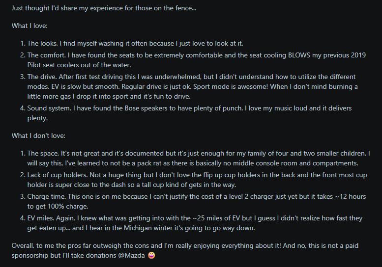 A user shares their pros and cons about their car experience, highlighting aesthetics, comfort, drive modes, and space limitations.