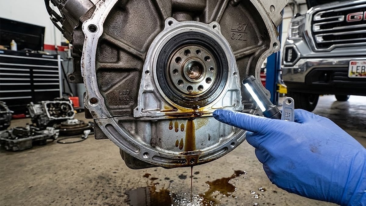 Mechanic inspects a leaking 2020 GMC Sierra 6.2L rear main seal housing to diagnose oil pressure failure versus viscosity issues