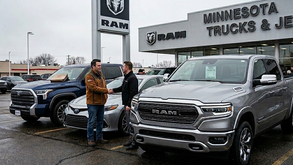 Minnesota customer shakes hands on a RAM truck purchase, trading in his blue Toyota Tundra and Camry at the dealership