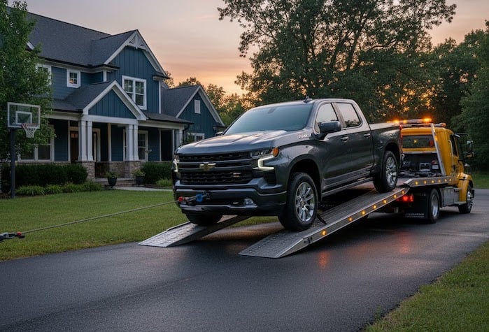 Adam's 2026 Chevy Silverado on a tow truck