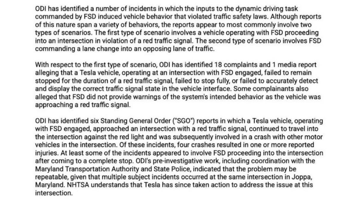 Text document detailing incidents of Tesla vehicles with Full Self-Driving engaged violating traffic laws. Investigative findings include crashes and safety concerns.