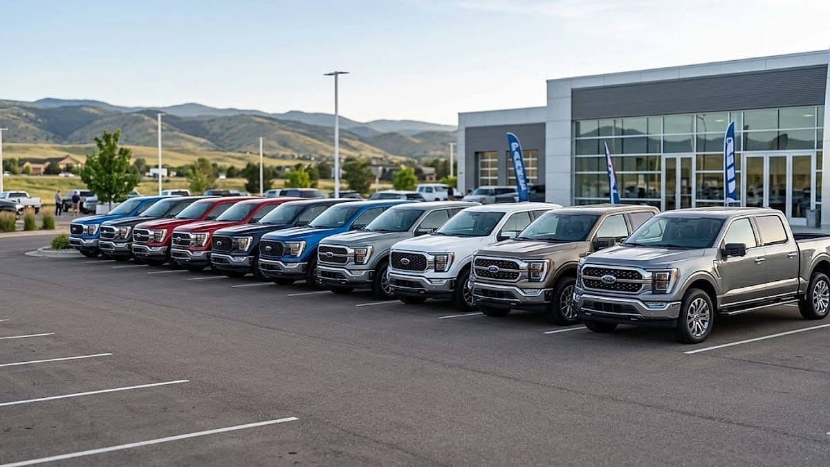New 2026 Ford F-150 Lariat trucks lined up at the dealership showroom lot awaiting buyers looking for updated powertrains