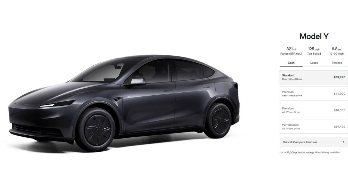 A black Tesla Model Y shown from the side. Minimalistic design with smooth curves. Pricing and specs displayed on the right.