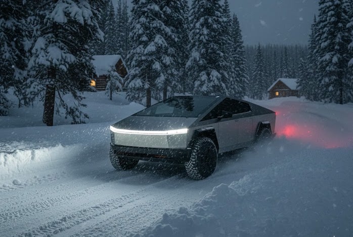 Nicholas Brownell's 2025 Tesla Cybertruck in deep snow 