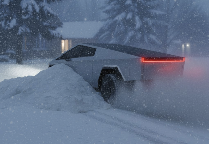 Nicholas Brownell's 2025 Tesla Cybertruck in deep snow 