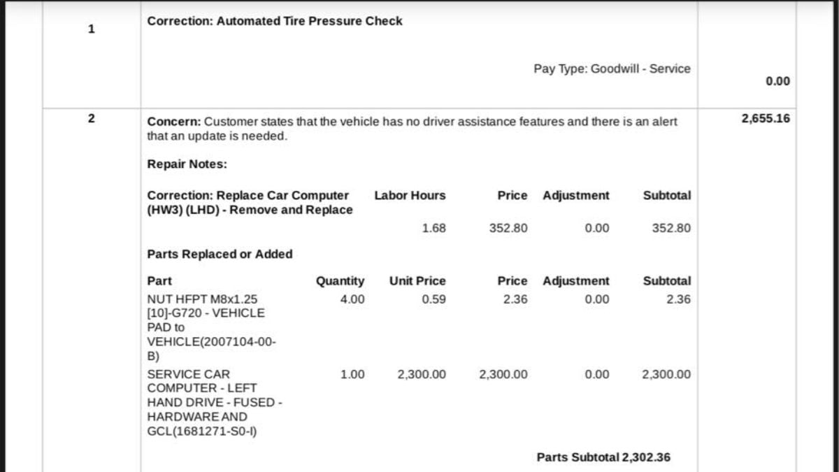 Part of Alan's invoice from Tesla detailing the cost of Model 3 computer fused