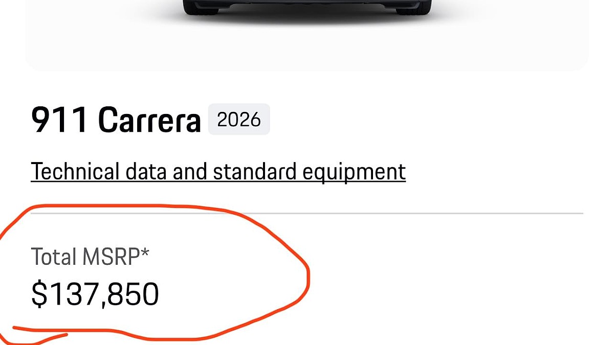 Screenshot showing a 2026 Porsche 911 Carrera configuration with a total MSRP of $137,850 highlighted