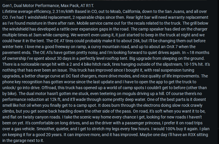 A detailed review of a Gen1 dual motor truck highlighting performance, features, off-road capabilities, and personal experiences over 18 months.