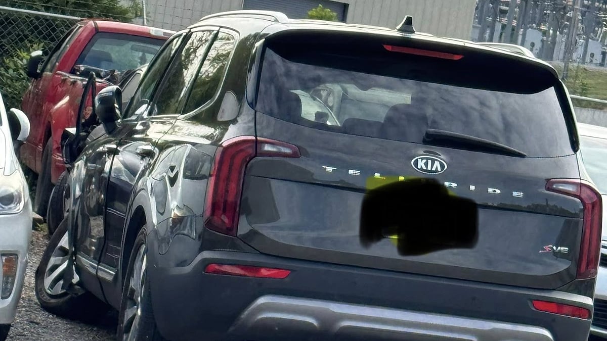 Jenni's black Kia Telluride SUV with visible damage on its side, parked next to a red truck. The vehicle's rear is prominent, conveying a slightly chaotic scene.