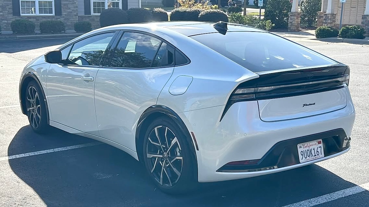 Rear view of Geoffrey Bloom's 2025 Toyota Prius Prime parked at his North Carolina home