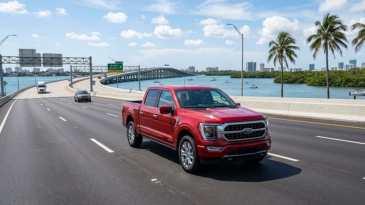 Red Ford F-150 drives on Miami bridge past palm trees and skyline with ocean views