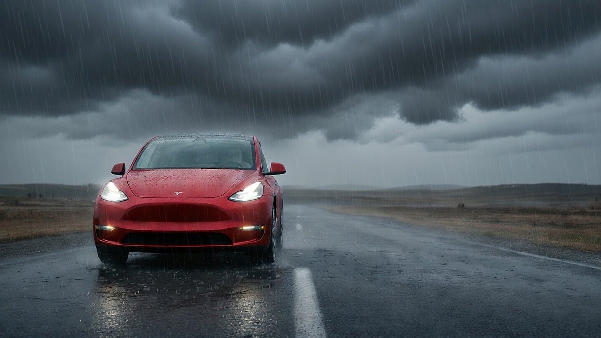 Red Tesla Model Y traveling in a bad rainy weather in lonely areas with no destination charger in sight.