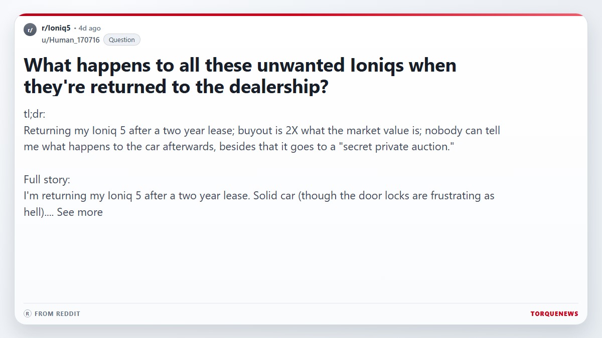 Screenshot of a Reddit discussion asking what happens to unwanted Hyundai IONIQ 5 vehicles after lease returns, describing buyout pricing, dealership policies, and Hyundai’s auction process