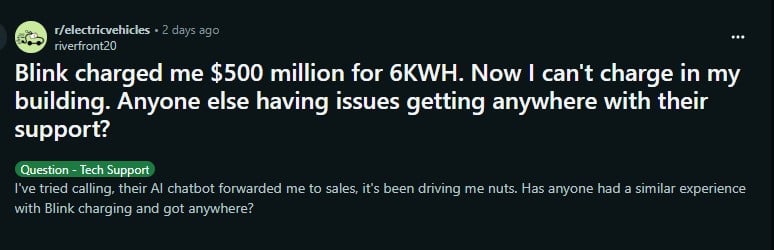User expresses frustration on Reddit about Blink charging fees and lack of support, seeking others' experiences with the service.