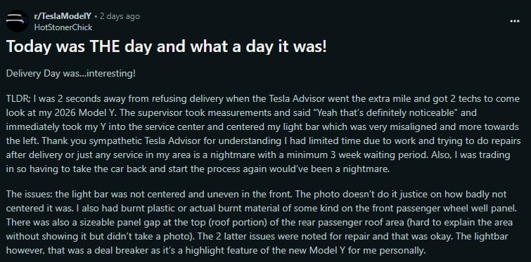 A user shares their frustrating experience with the delivery of their 2026 Tesla Model Y, noting alignment and cosmetic issues.