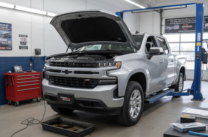 Reid Powers' 2019 Chevy Silverado in the service bay