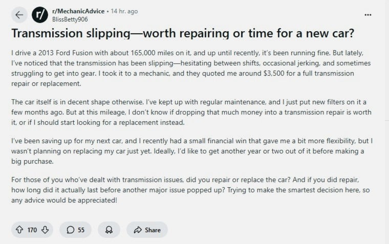 Ford Fusion Decision About Repairing or Replacing Her Ailing Car