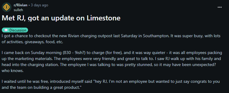 Screenshot of a Reddit post titled &quot;Met RJ, got an update on Limestone&quot; in the r/Rivian subreddit. The post details an encounter with RJ at a Rivian charging outpost event, describing a busy atmosphere with activities and a quieter return visit.