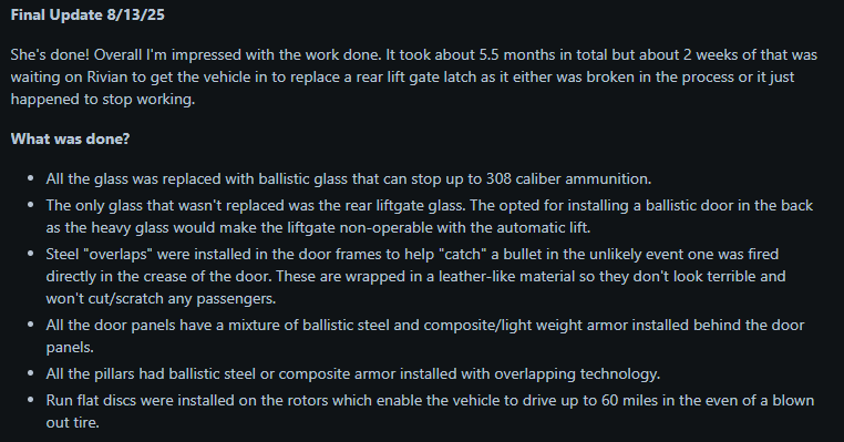 Update on vehicle armor enhancements: all glass replaced with ballistic, steel reinforcements added, and run-flat tires installed for durability.