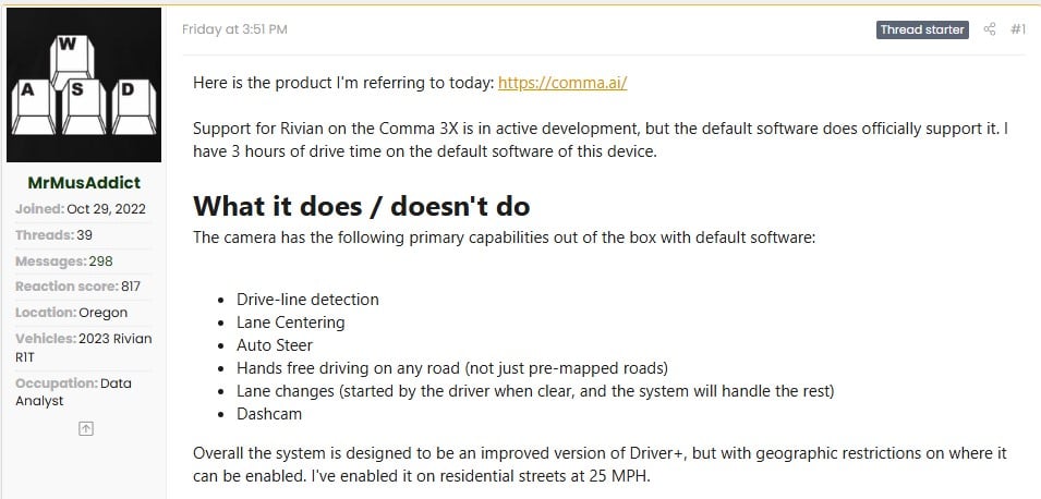 Screenshot of a forum post discussing the Comma 3X device for Rivian, highlighting its features and limitations in autonomous driving.