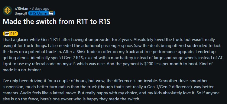 User shares their positive experience switching from a Rivian R1T to an R1S, highlighting improved features and family satisfaction.
