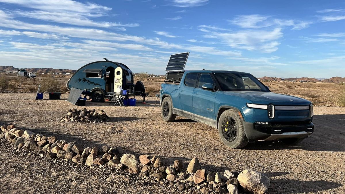 Rivian R1T with solar panels in the back