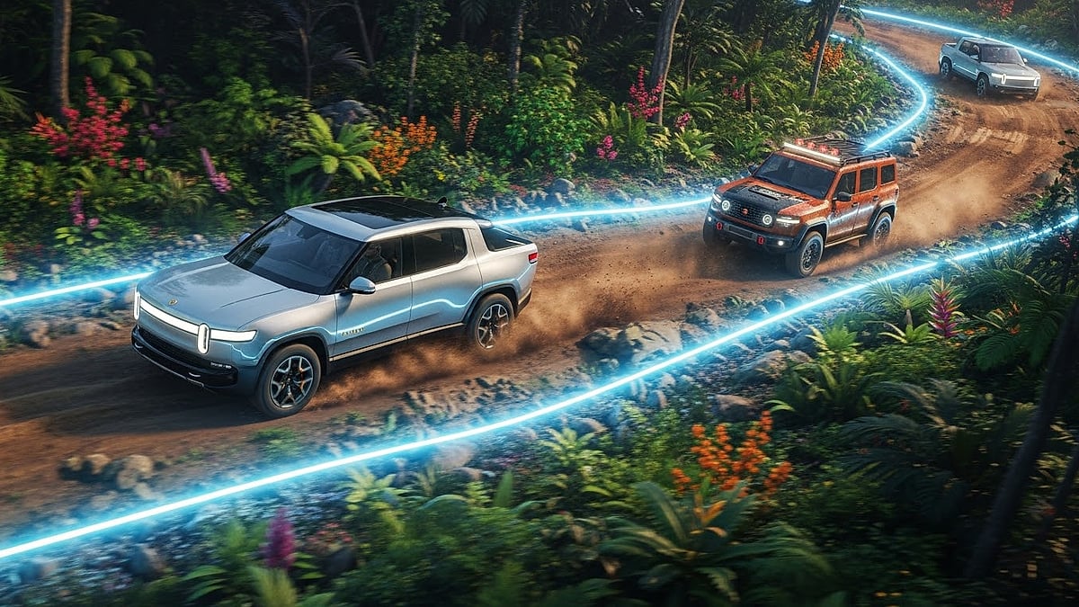 Rivian and Scout vehicles off-roading