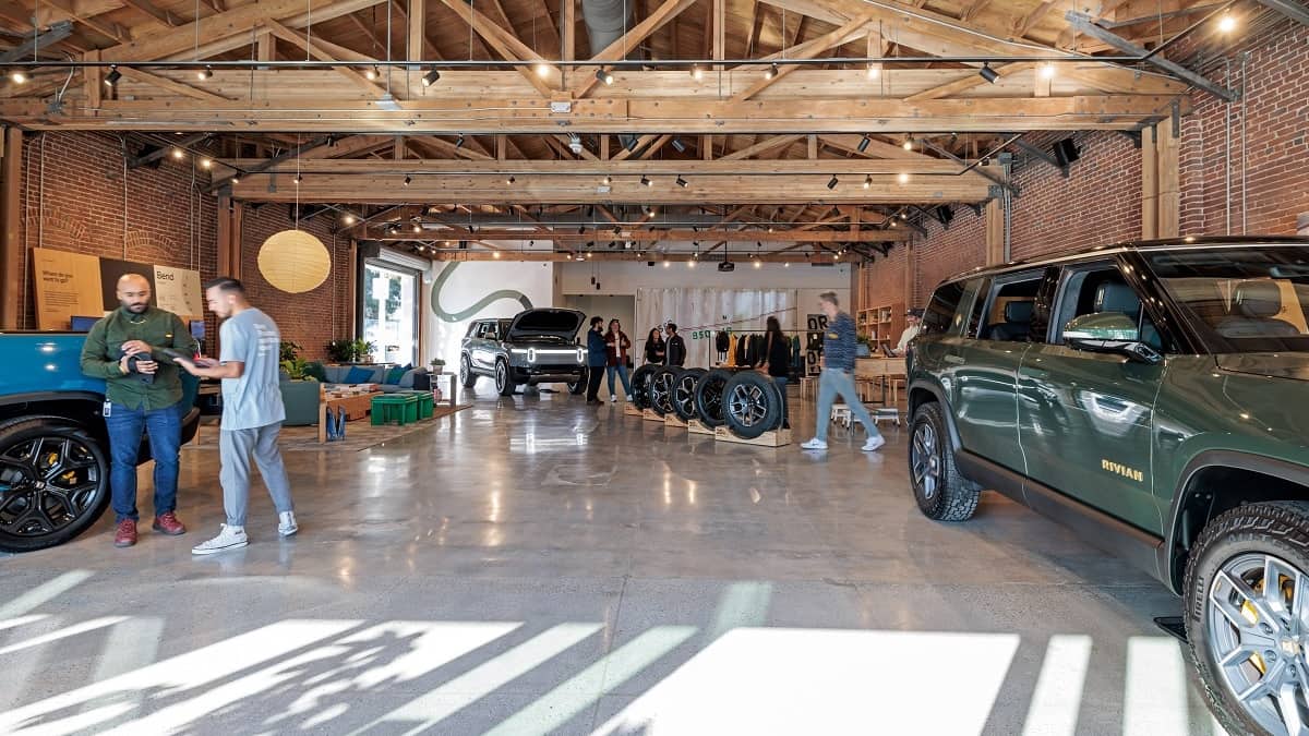 Clean, modern Rivian showroom in Pasadena