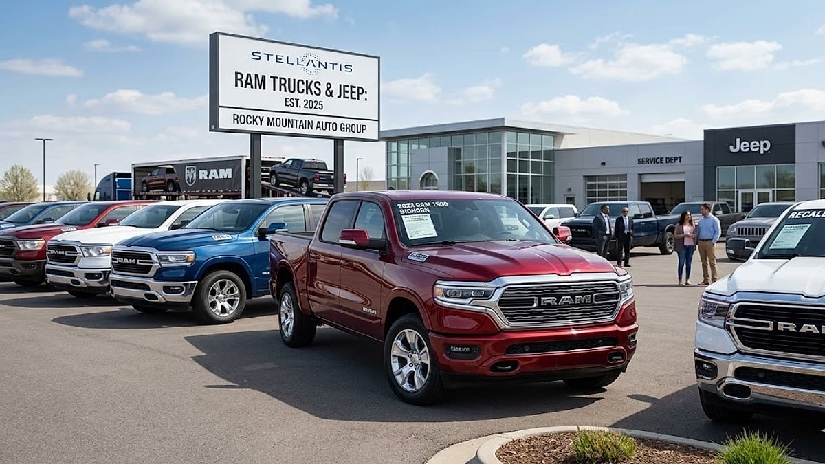 Rows of new 2025 Ram 1500 trucks sit on a dealership lot, highlighting the inventory availability and current market trends
