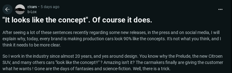 Discussion post from r/cars analyzing why modern production cars resemble concept designs, highlighting changes in automotive design trends.