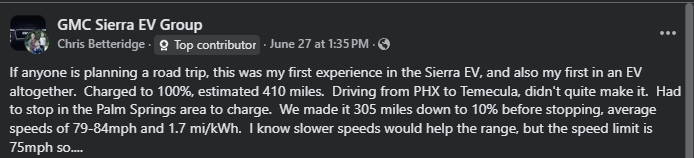 Comment discussing road trip experience with GMC Sierra EV, including charging details and travel challenges from PHX to Temecula.