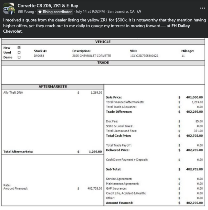 Quote for a 2025 Chevrolet Corvette, detailing price, fees, and trade-in value at FH Dailey Chevrolet, San Leandro, CA.