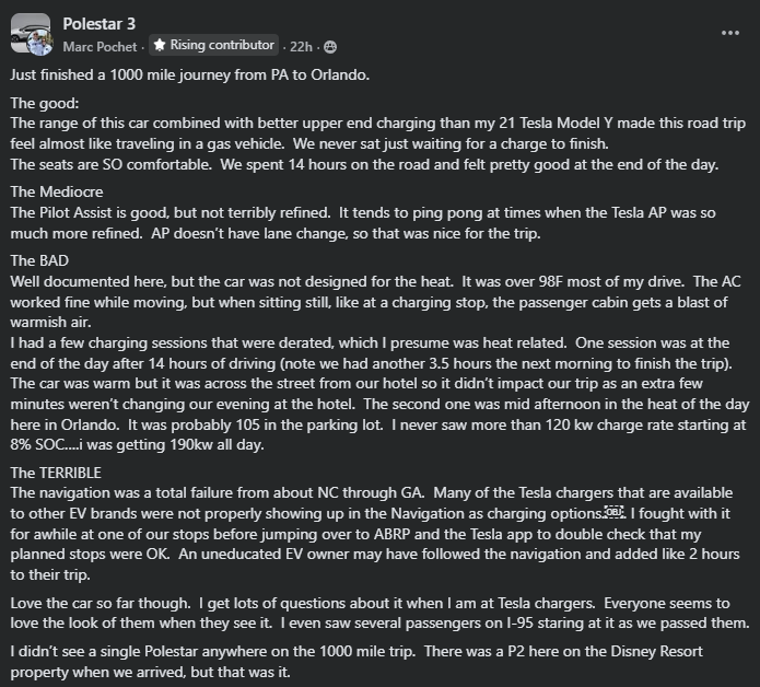 A review of a road trip in a Polestar 3, detailing charging issues, heat challenges, and comfortable driving experience.