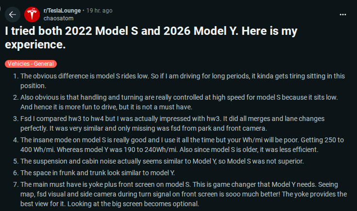 A user reviews driving experiences in the 2022 Tesla Model S and 2026 Model Y, highlighting differences in comfort, handling, and features.
