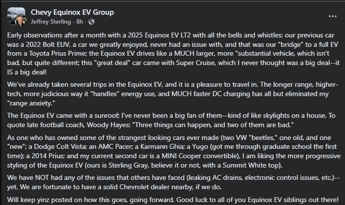 A post detailing experiences with a 2025 Chevy Equinox EV LT2, highlighting its features, performance, and owner comparisons to past cars.