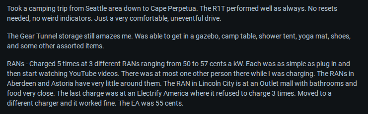 A person shares their camping trip experiences in their R1T electric vehicle, highlighting smooth drives and multiple charging stops.