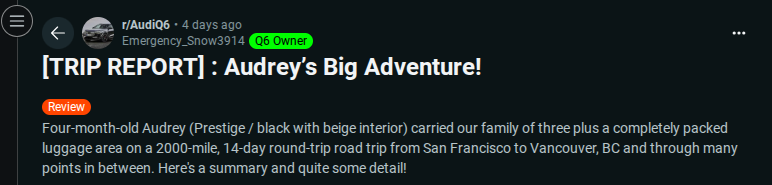 A trip report detailing a family's 2000-mile road trip in an Audi Q6 from San Francisco to Vancouver, showcasing their adventure.