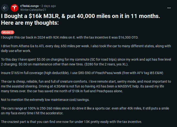 User shares their experience owning a $16k Tesla Model 3LR, highlighting low maintenance costs and driving comfort after 40,000 miles.