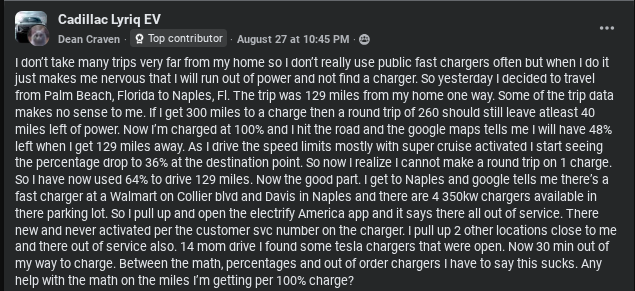 A man shares his experience with charging his Cadillac Lyriq EV while traveling from Palm Beach to Naples, highlighting charging challenges.
