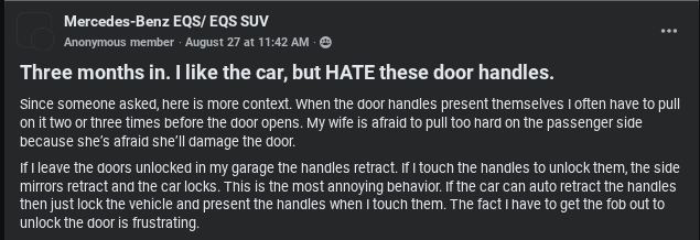 A user expresses frustration over the Mercedes EQS SUV's automatic door handles, detailing issues with locking and unlocking.