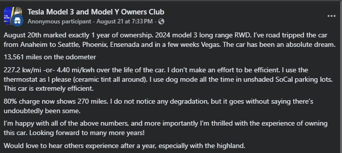 A Tesla owner shares their first-year experiences, highlighting efficiency and satisfaction with their 2024 Model 3 after 13,561 miles.
