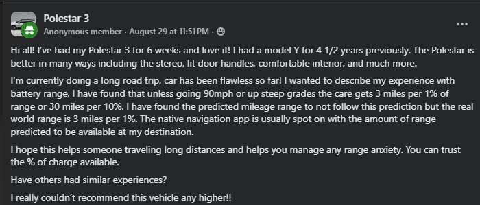 Facebook post in Polestar 3 group where a new owner compares Polestar 3 with Tesla Model Y, praising stereo, comfort, and range performance during a long road trip