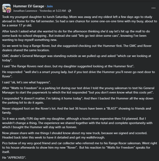 Facebook post in Hummer EV Garage group where a buyer shares test drive story with his daughter, choosing GMC Hummer EV over Range Rover and describing positive first impressions